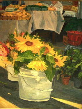 Sunflowers in White Bucket
oil on canvas
18” x 12”